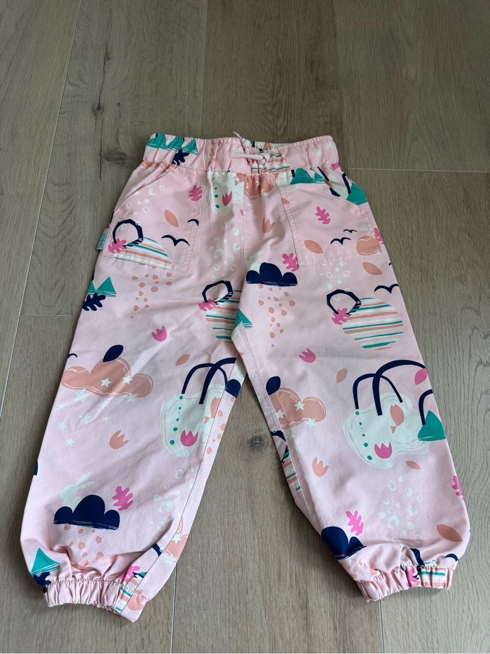 Janjul Girls' Pink Printed Elastic Waist Waterproof Rain Pants